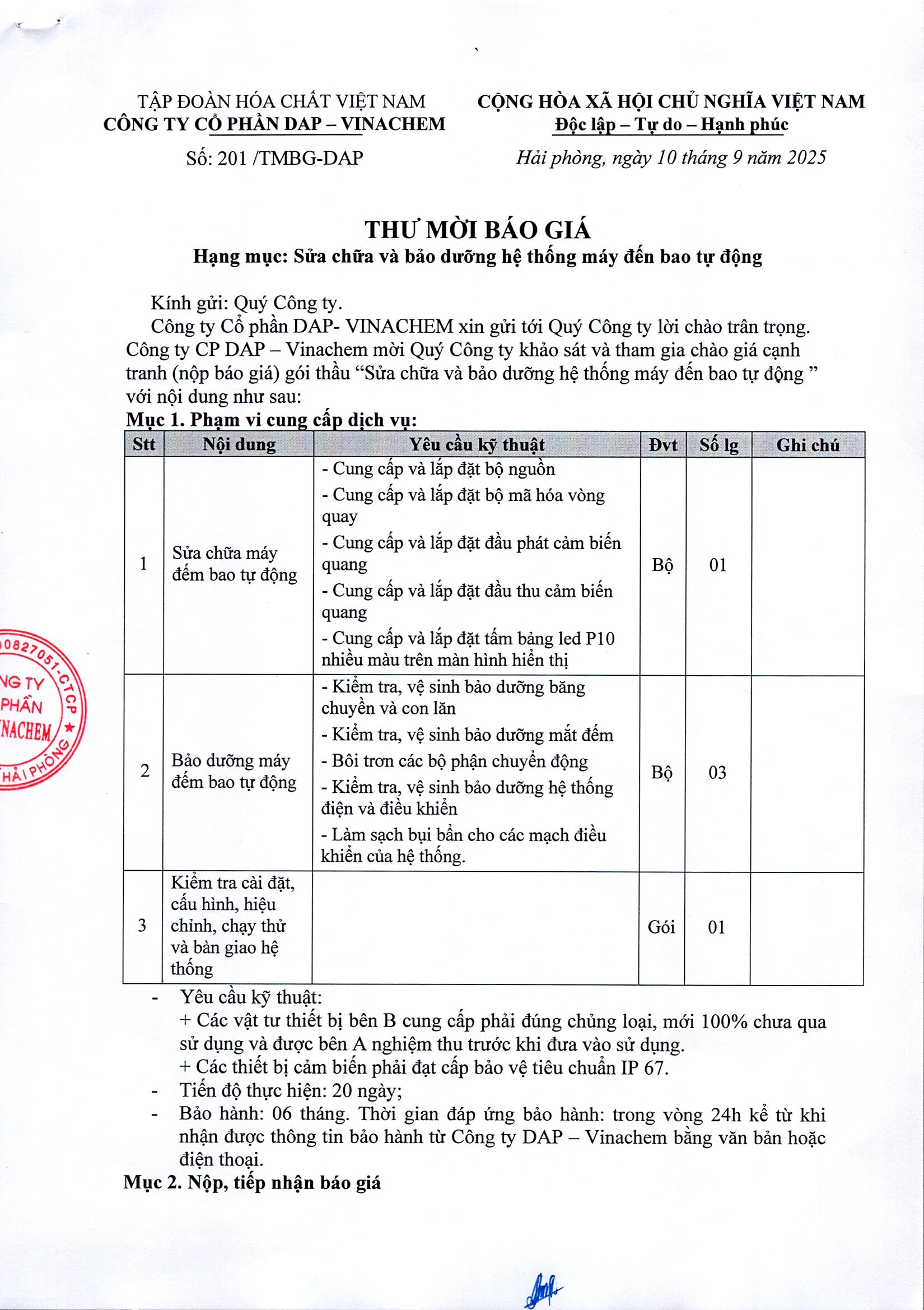 Thư mời báo giá gói thầu " Sửa chữa và bảo dưỡng hệ thống máy đếm bao tự động"